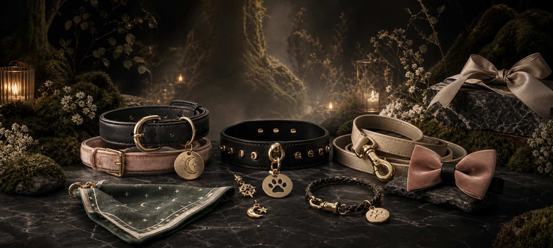 Ogonova premium pet accessories in a candlelit forest scene